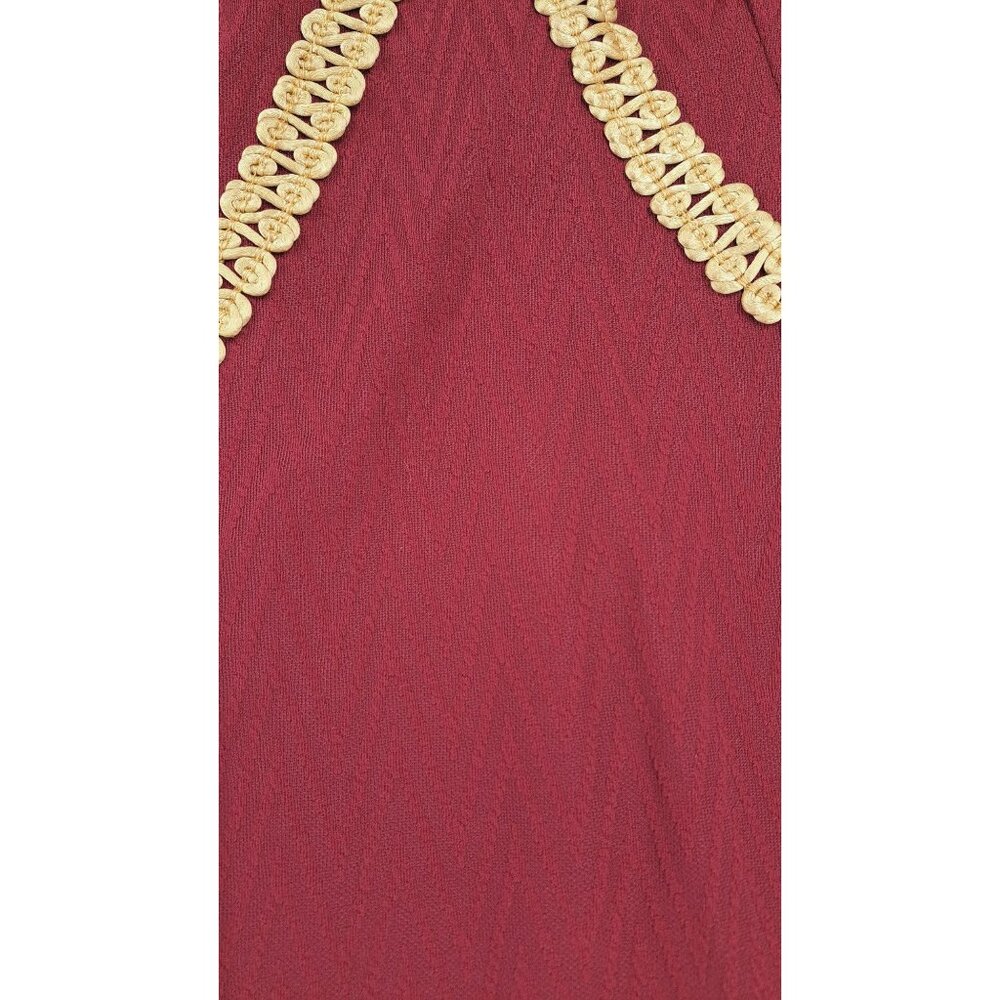 Vintage Handmade Maroon Dress Gold Gimp Trim Long Sleeve Chevron Texture Zip 70s - Picture 14 of 16